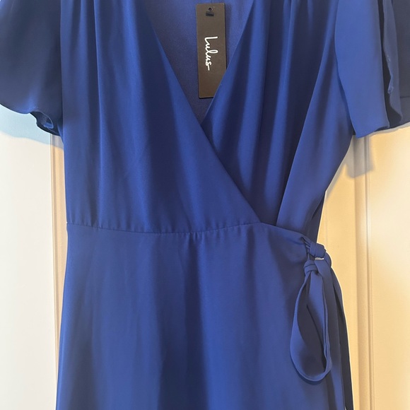 Lulu's Cobalt Blue Flutter Sleeve Wrap Midi Dress - Picture 2 of 6